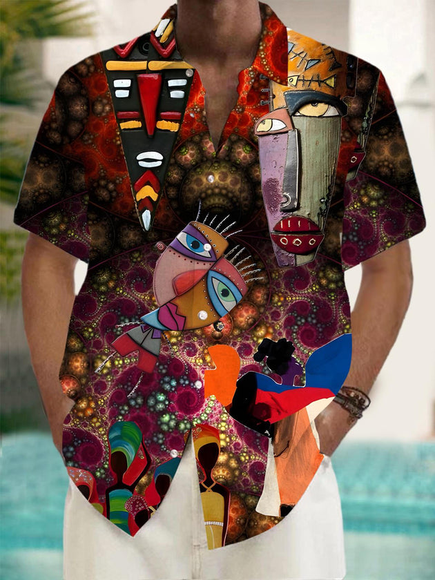 Men's abstract print pocket short sleeve shirt front view