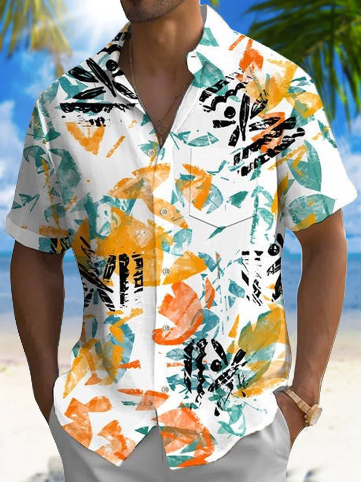 Hawaiian Floral Print Men's Pocket Short Sleeve Shirts