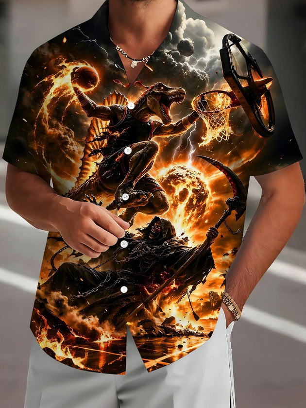 men's dinosaur print shirt front view