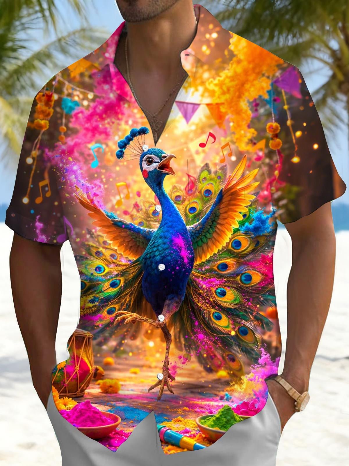 men's peacock print shirt front view