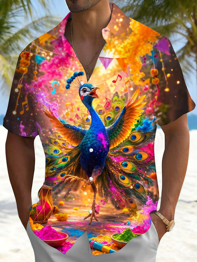men's peacock print shirt front view