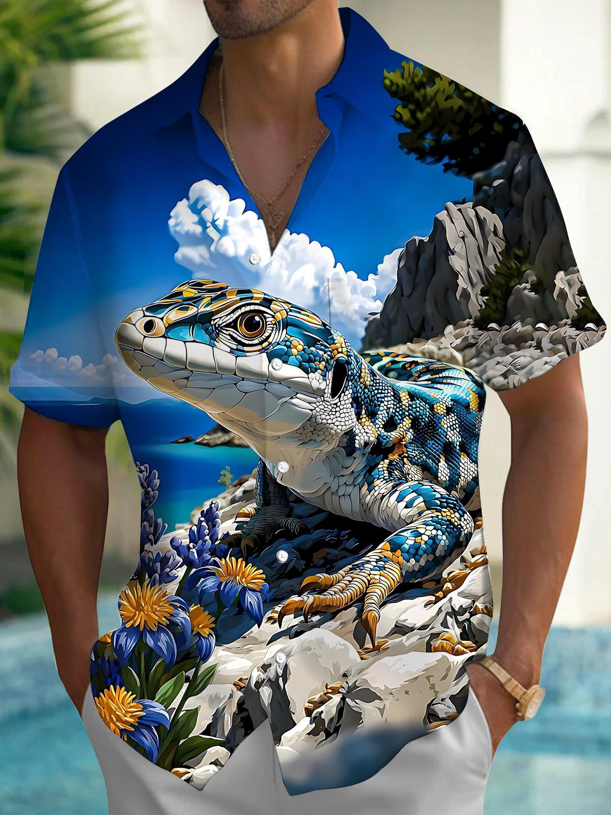 Lizard Print Men's Pocket Short Sleeve Shirts