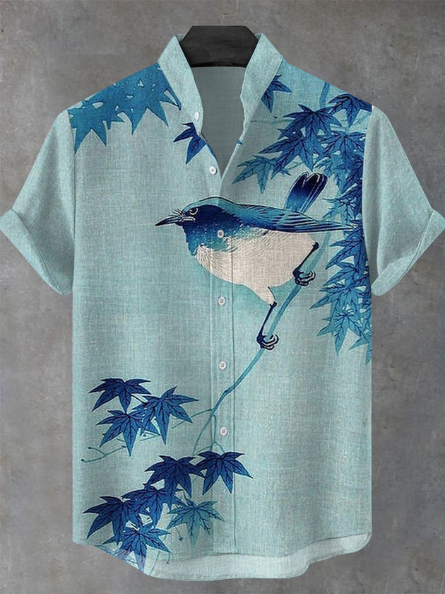 Men's short sleeve bird maple leaf print stand collar shirt front view