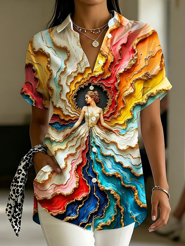 Art Marble Gold Foil Colorful Gown Women's Short Sleeve Shirts