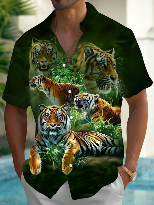 Tiger Print Men's Pocket Short Sleeve Shirts