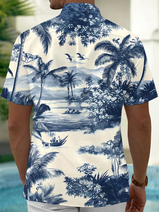 Men's Hawaiian coconut tree short sleeve shirt back view
