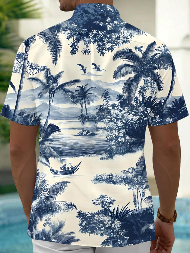 Men's Hawaiian coconut tree short sleeve shirt back view