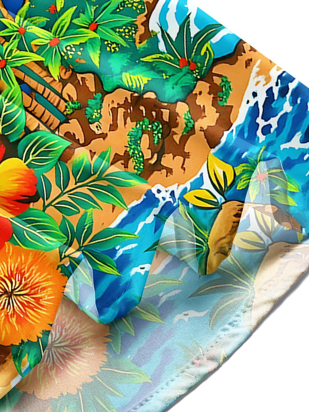 Men's Hawaiian coconut tree floral short sleeve shirt lifestyle shot for tropical beach vacation