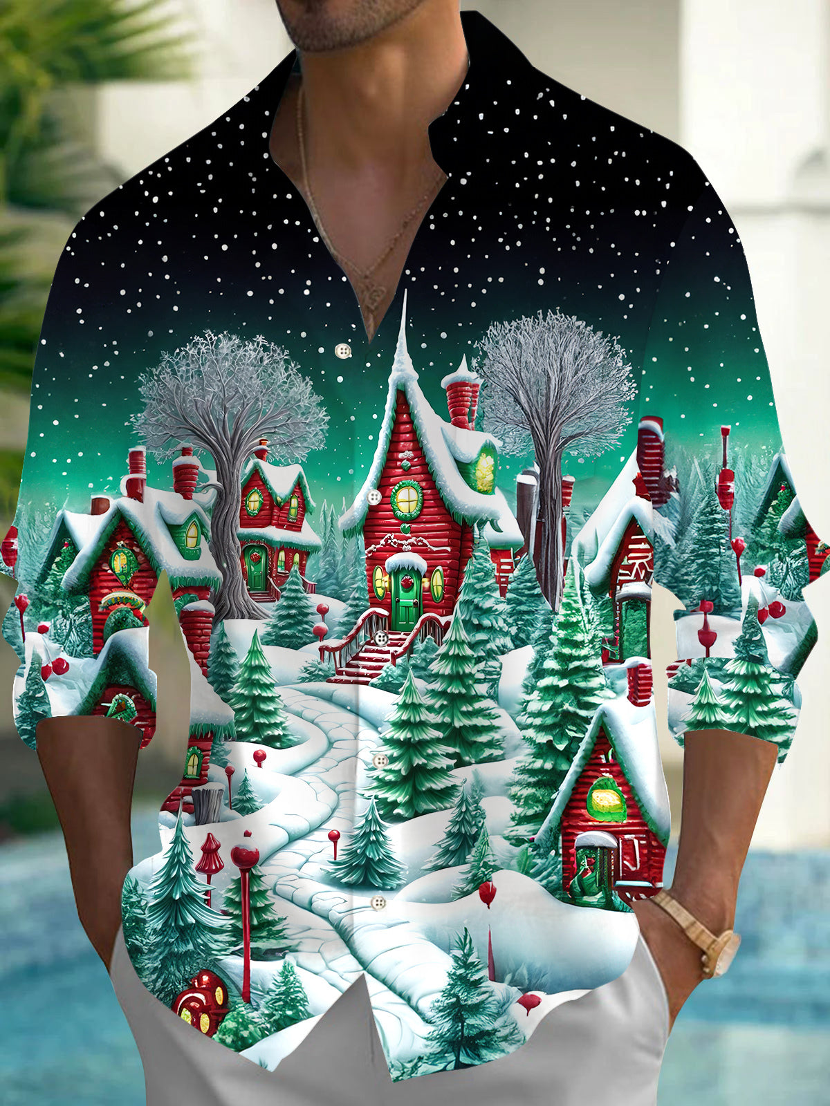 Winter Snow Scene Men's Pocket Long Sleeve Shirts