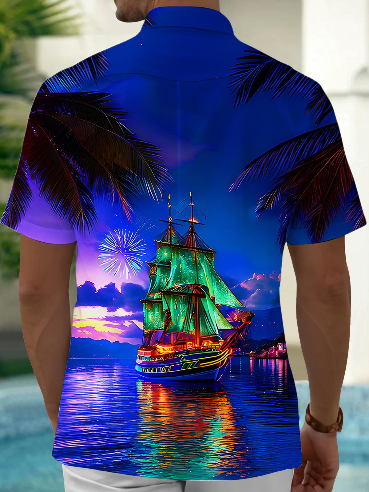 Hawaiian Coconut Tree Boat Men's Pocket Short Sleeve Shirts