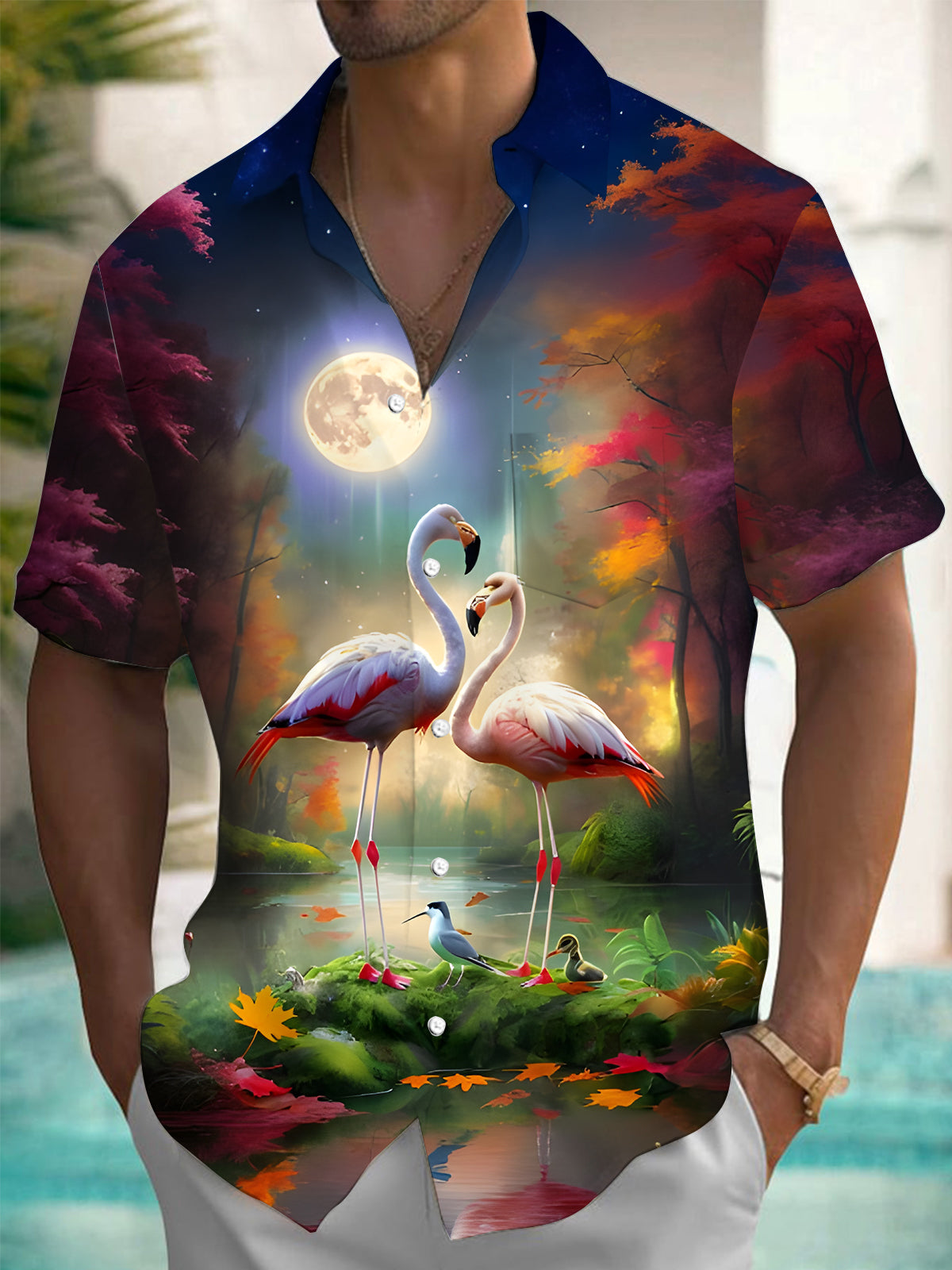 Flamingo Print Men's Pocket Short Sleeve Shirts