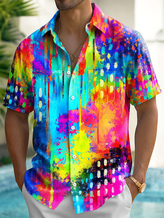 Vibrant Colorful Tie Dye Abstract Splash Ink Graffiti Art Men's Pocket Short Sleeve Shirts