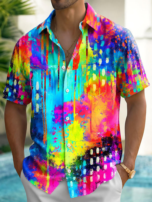 Vibrant Colorful Tie Dye Abstract Splash Ink Graffiti Art Men's Pocket Short Sleeve Shirts