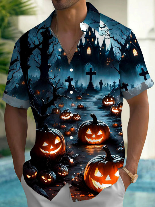 Men's orange Halloween pumpkin print short sleeve shirt front view costume