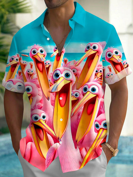 Men's multicolor Hawaiian pocket short sleeve shirt front view for tropical beach vacation