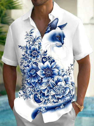 Men's black cat floral short sleeve shirt back view