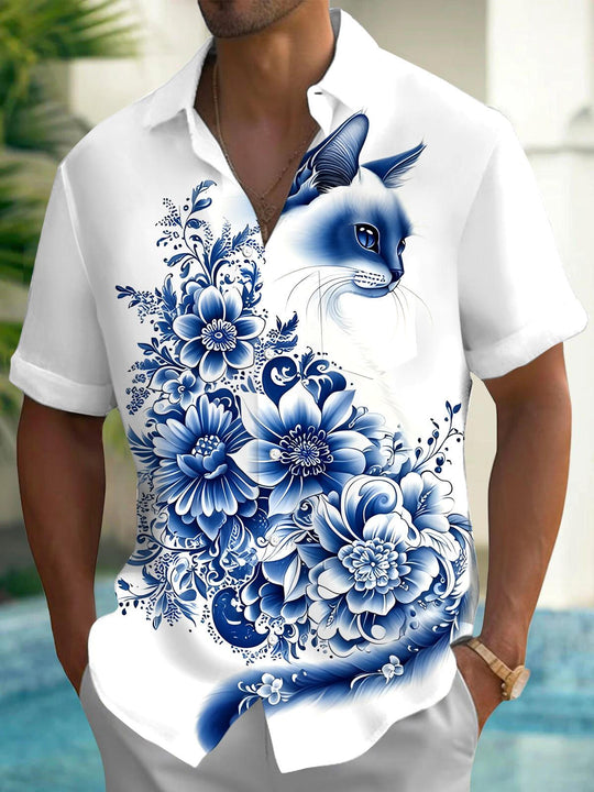 Men's black cat floral short sleeve shirt back view