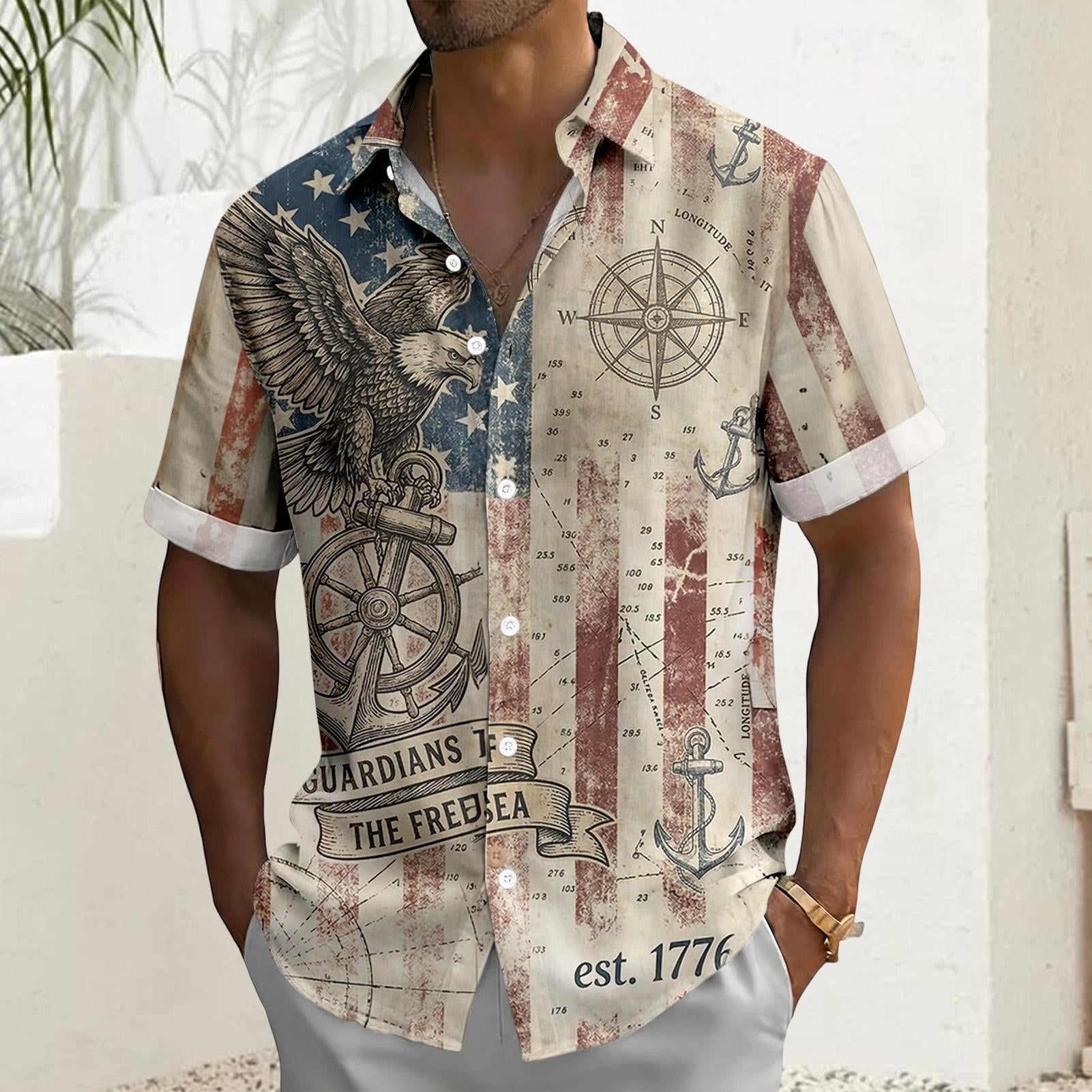 Men's American flag Hawaiian shirt lifestyle shot at beach, short sleeve tropical summer vacation outfit for Independence Day