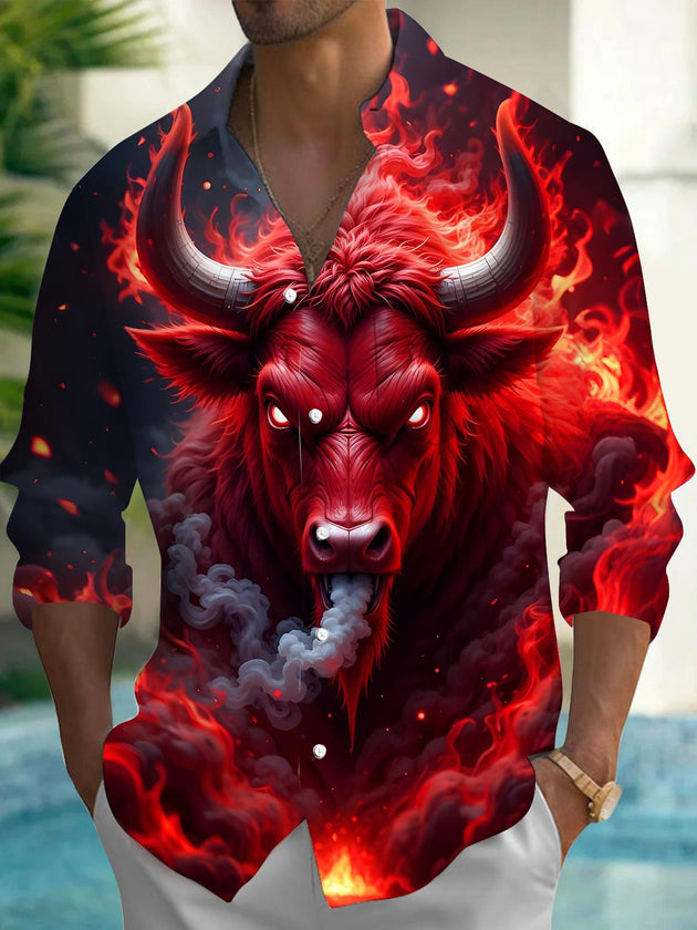 Men's long sleeve cow print shirt front view