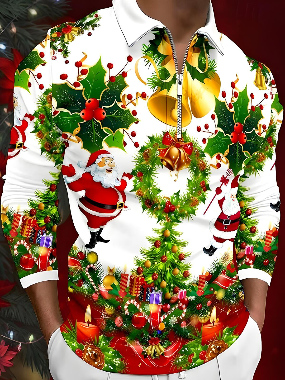 Christmas Men's Long Sleeve Zipper Polo