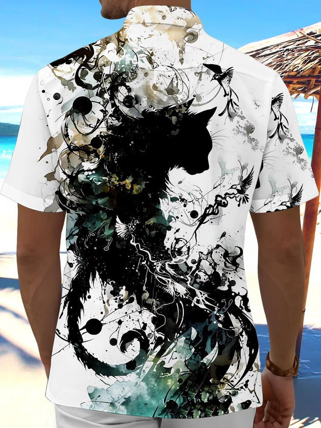 Men's Abstract Cat Print Pocket Short Sleeve Shirt Back View