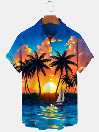Men's Hawaiian coconut tree sunset boat short sleeve shirt front view for tropical beach vacation