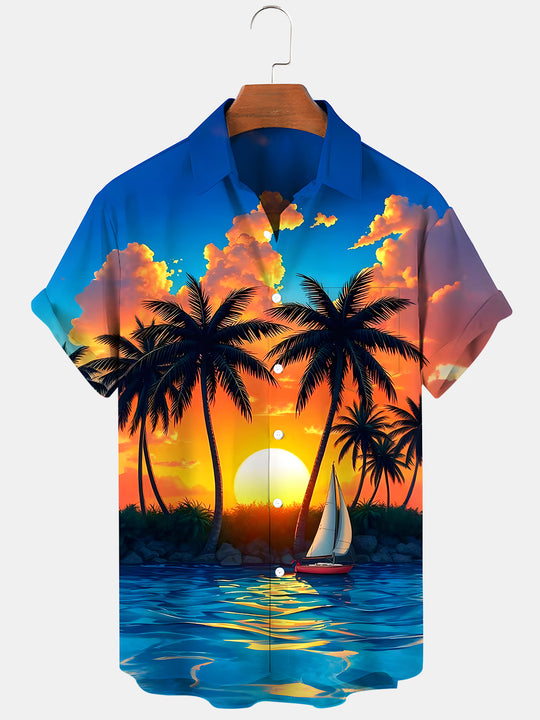 Men's Hawaiian coconut tree sunset boat short sleeve shirt front view for tropical beach vacation