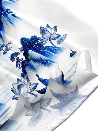 Blue And White Porcelain Landscape Red-crowned Crane Men's Pocket Short Sleeve Shirts