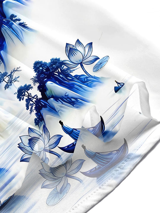 Blue And White Porcelain Landscape Red-crowned Crane Men's Pocket Short Sleeve Shirts