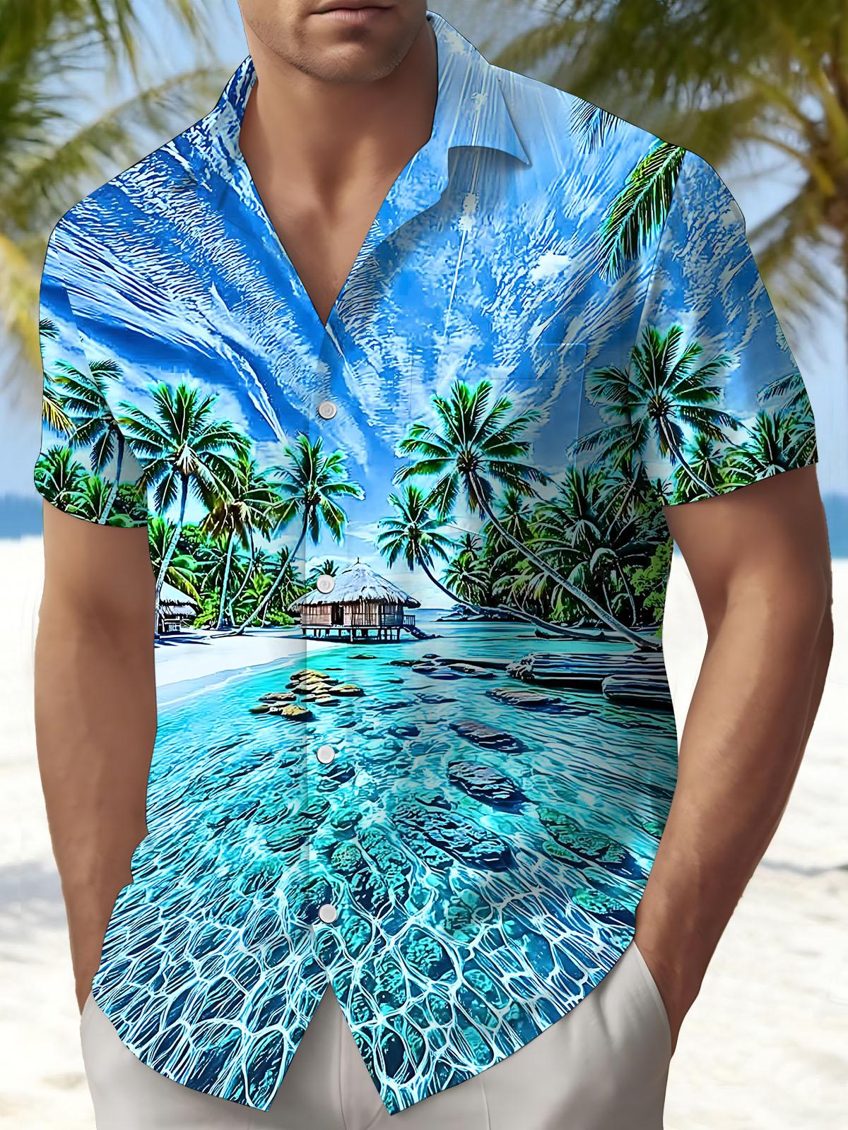 Hawaiian Beach Scenery Print Men's Pocket Short Sleeve Shirts