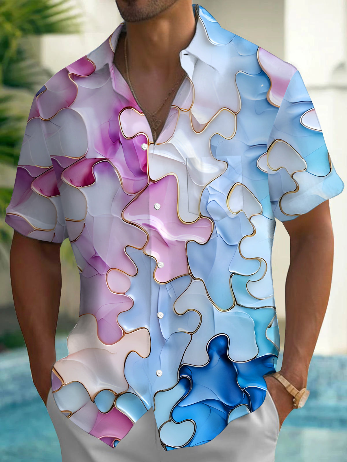 Gradient Abstract Geometry Men's Pocket Short Sleeve Shirts