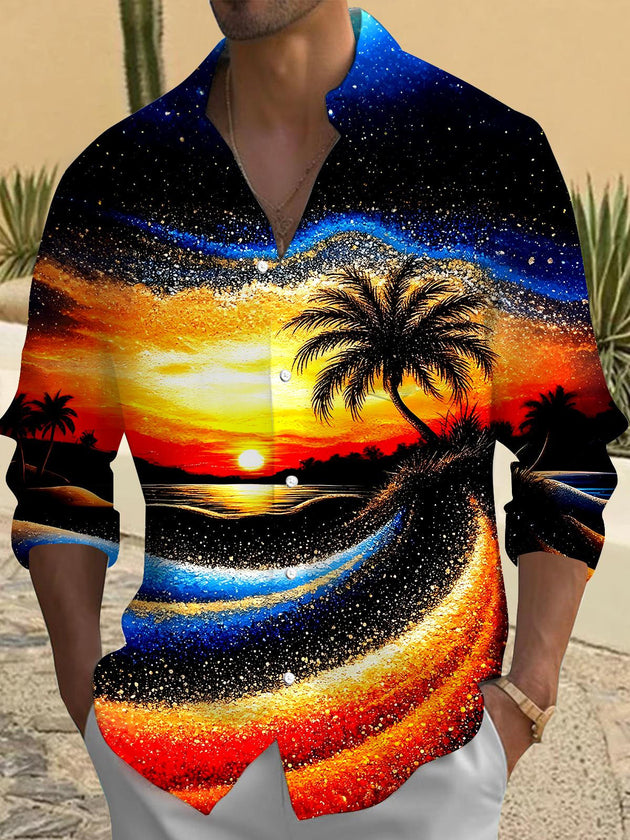 Men's Hawaiian tie dye long sleeve shirt front view for tropical beach vacation