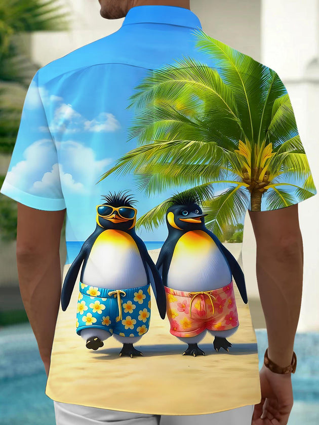 Matching couples Hawaiian coconut tree penguin pocket short sleeve shirts back view