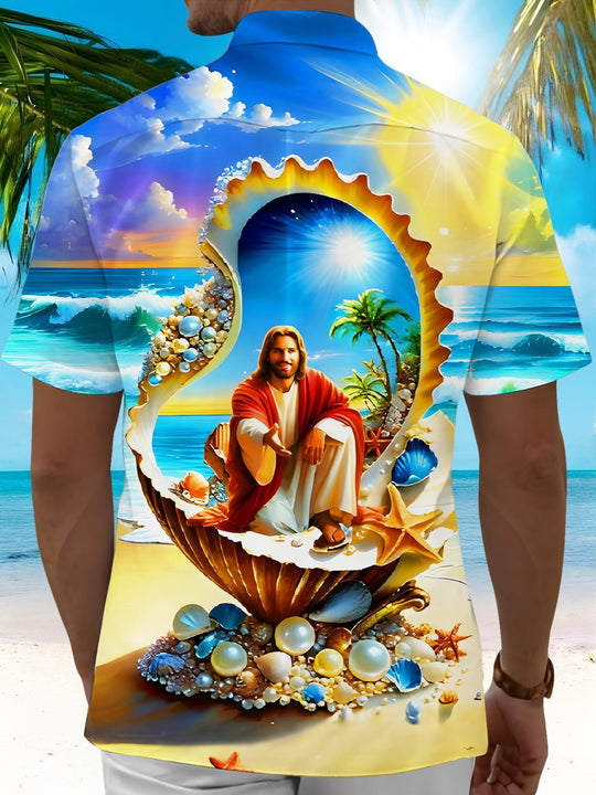 Men's colorful Hawaiian Jesus in giant seashell tropical back view pocket short sleeve shirt