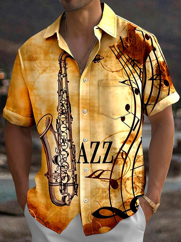 Retro Saxophone Men's Pocket Short Sleeve Shirts