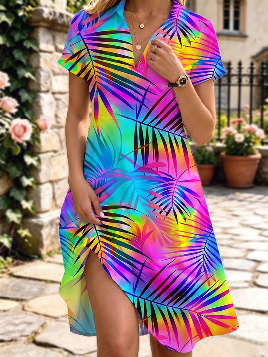 Hawaiian Leaf Women's Short Sleeve Shirt Collar Dress