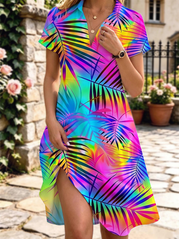 Hawaiian Leaf Women's Short Sleeve Shirt Collar Dress