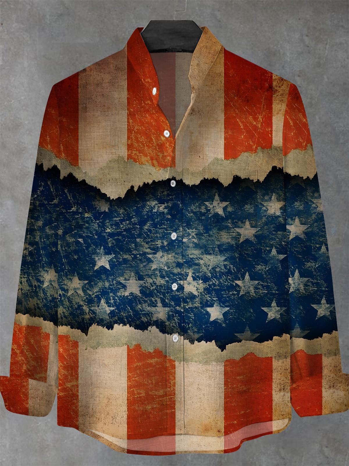 Vintage American Flag Men's Pocket Long Sleeve Stand Collar Shirts