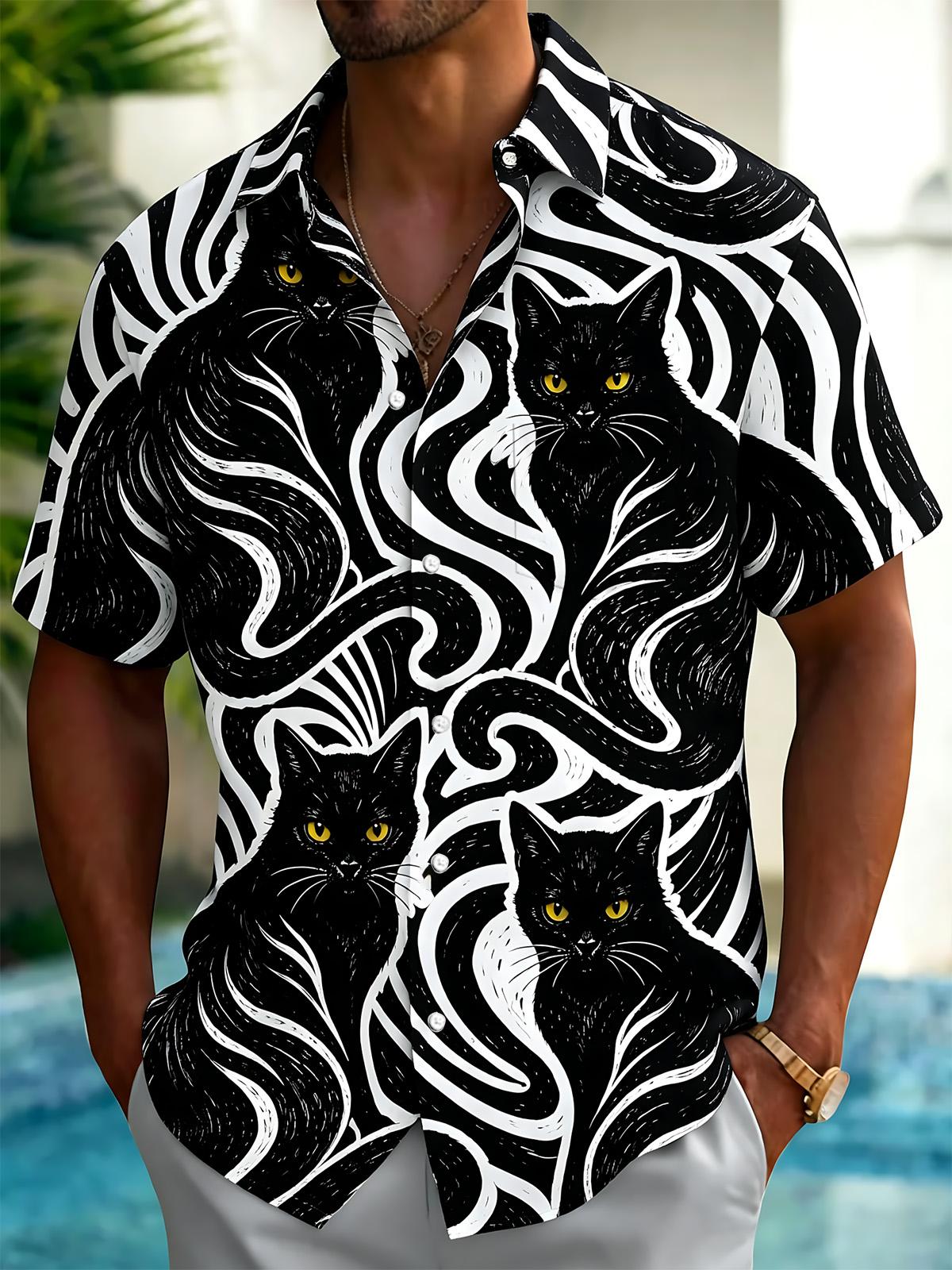 Cat Print Men's Pocket Short Sleeve Shirts
