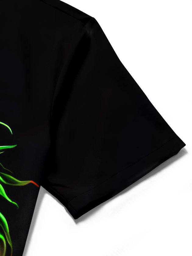 men's dragon print shirt close-up short sleeve