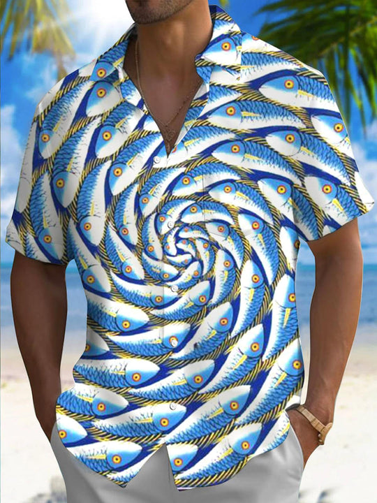 Men's blue fish print short sleeve shirt front view