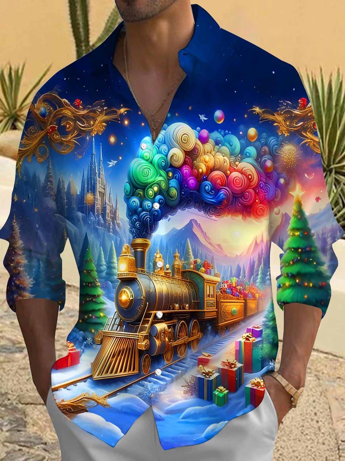 Winter Snow Christmas Tree Train Men's Pocket Long Sleeve Shirts