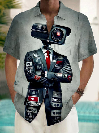 Men's Funny Social Media Under Surveillance Graphic Pocket Short Sleeve Shirt Front View