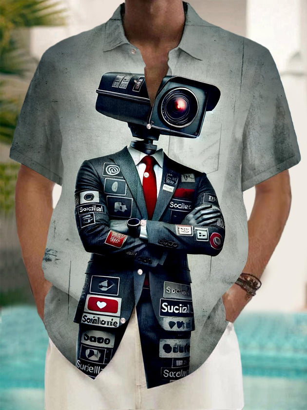 Men's Funny Social Media Under Surveillance Graphic Pocket Short Sleeve Shirt Front View