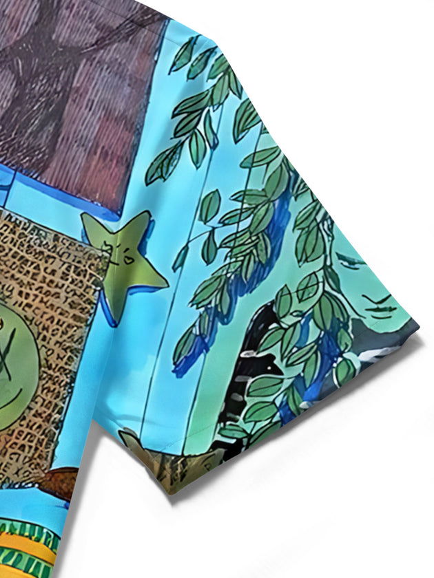 Men's art print pocket short sleeve shirt close-up detail of fabric texture and stitching