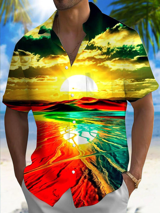 Men's Beach Sunset Print Short Sleeve Shirt Front View for Beach Vacation