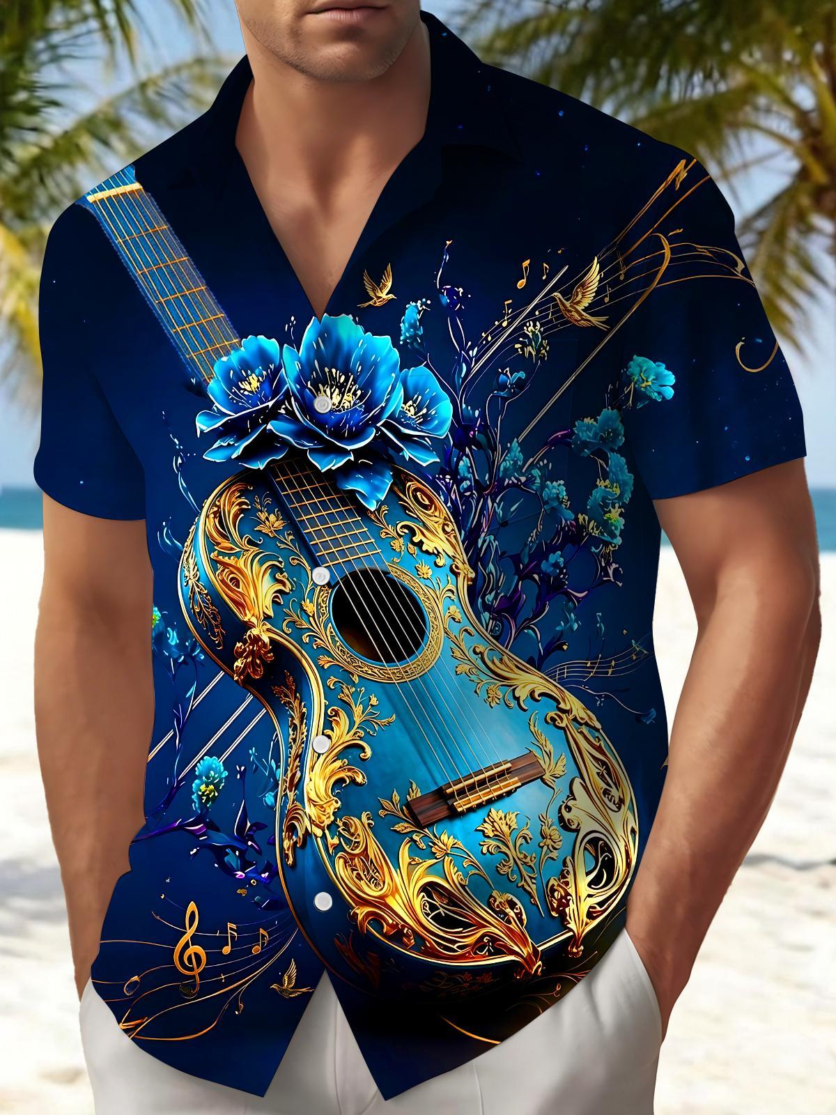Art Gilded Blue Rose Floral Guitar Music Notes Men's Pocket Short Sleeve Shirts