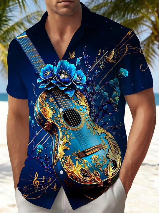 Art Gilded Blue Rose Floral Guitar Music Notes Men's Pocket Short Sleeve Shirts