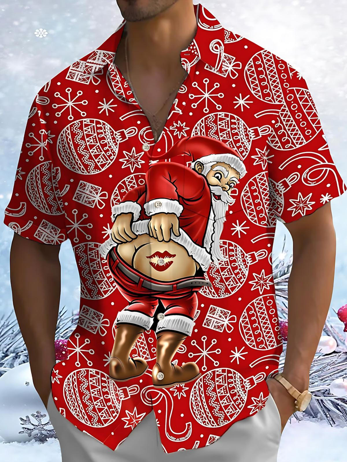 Funny Christmas Santa Claus Print Men's Pocket Short Sleeve Shirts
