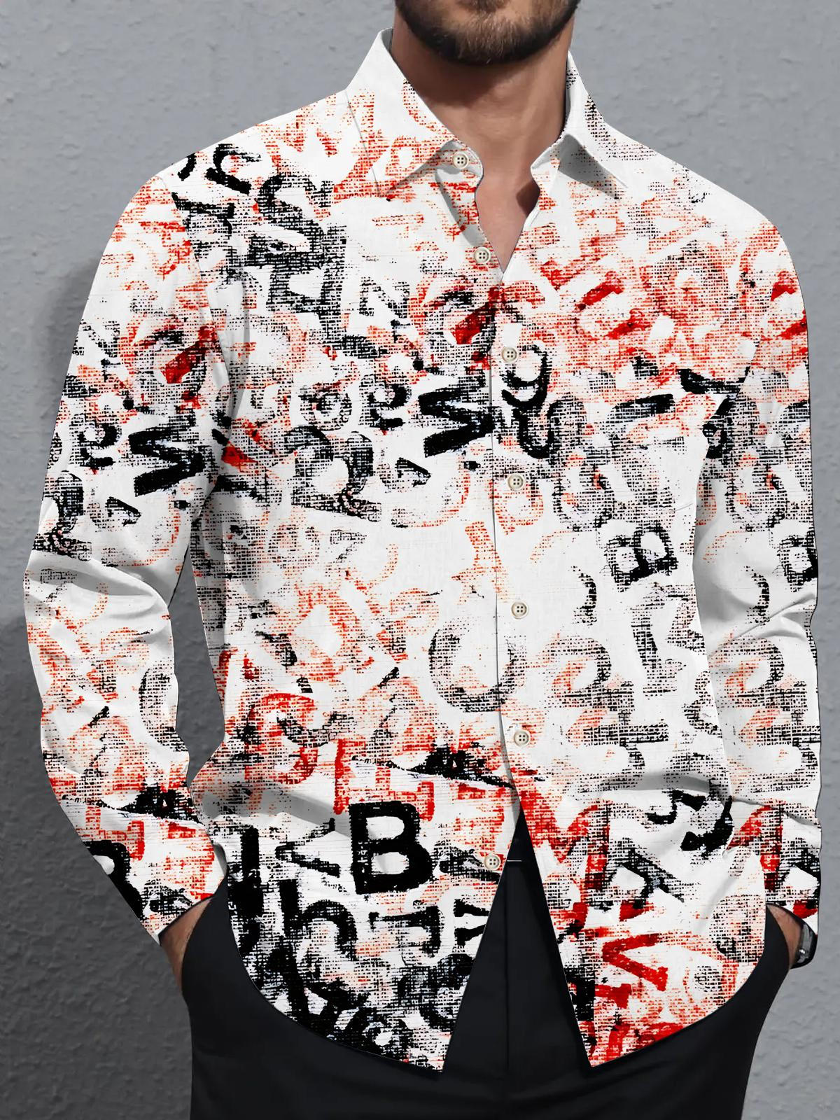 Gradient Letter Print Men's Pocket Long Sleeve Shirts